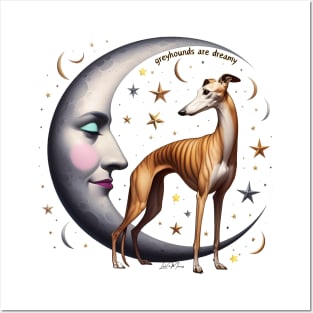 Greyhound Dog and Crescent Moon Posters and Art